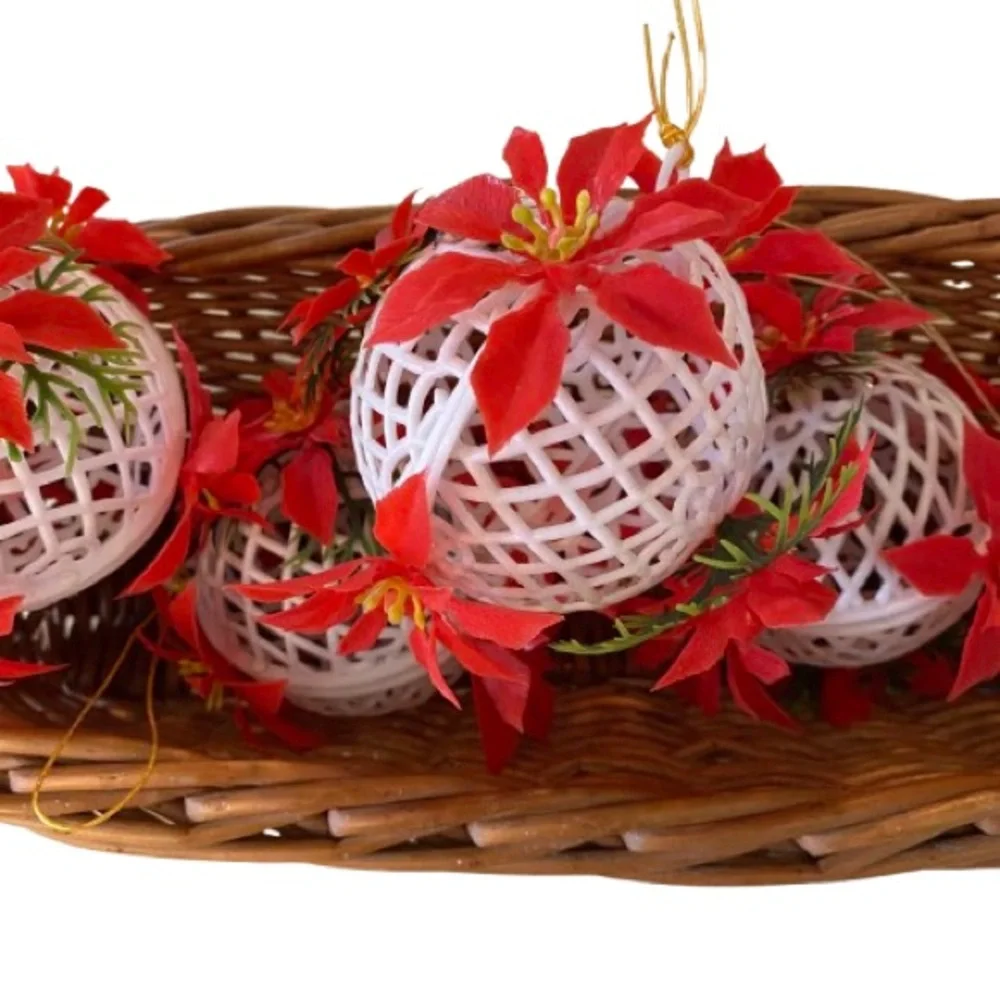 Vintage Poinsettia White Lattice Cage Plastic Ornaments Set of 5 Kitschy Retro